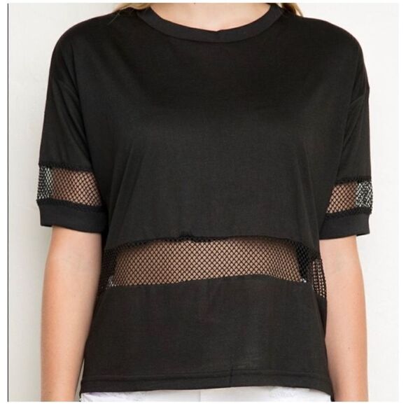 Brandy Melville Mesh See Through Panel Black Tee - One Size - Picture 1 of 5